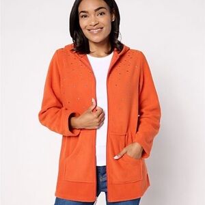 Quacker Factory Embellished Fleece Zip Front Jacket w/Hood